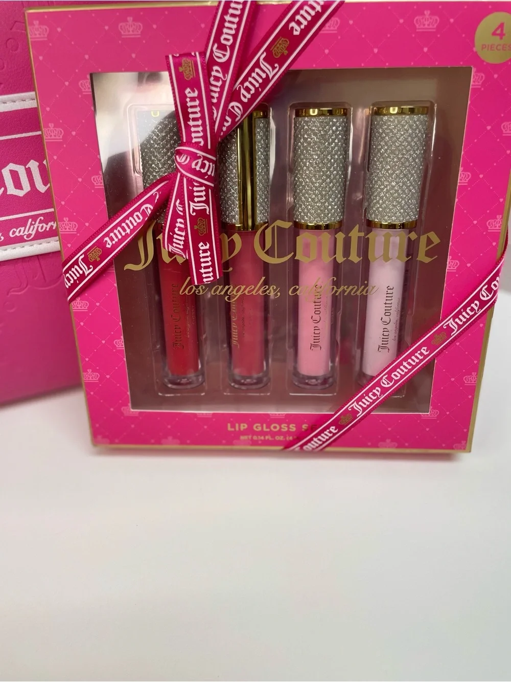 Juicy Couture Pink Lip Gloss Set with Matching Pink Makeup Bag 12x8